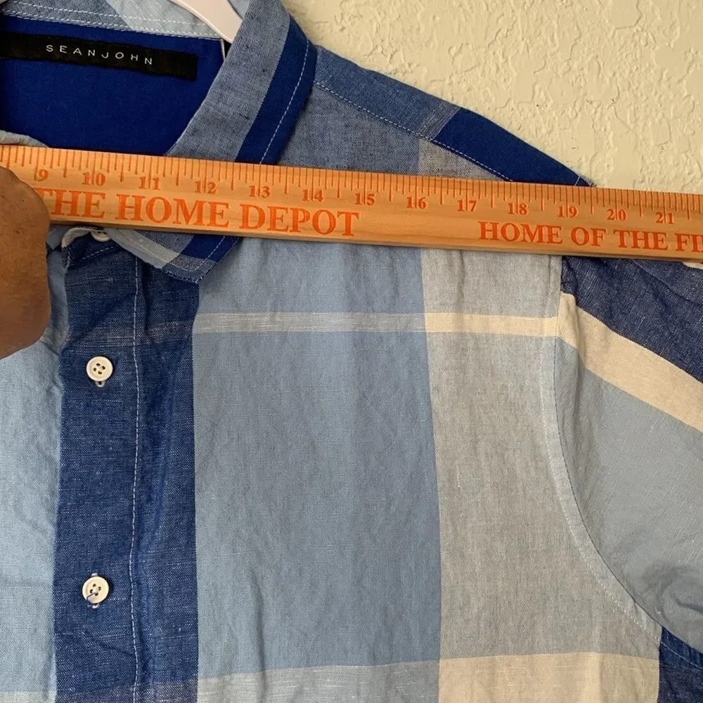 Sean John Blue White Casual Button Down Shirt Sort Sleeve Linen Cotton Size 2XL